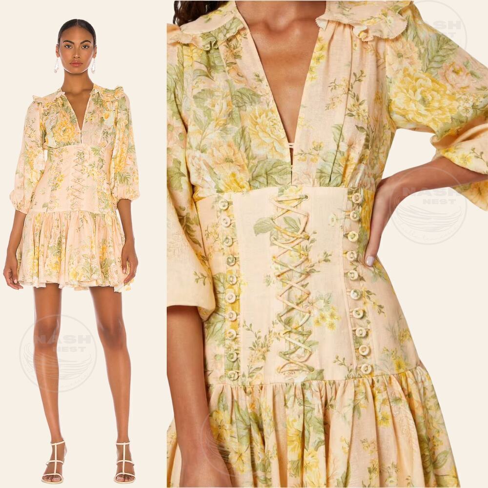 Zimmermann 2 US 6 Amelie Corset Dress | Floral Romantic Feminine Linen Mini $795